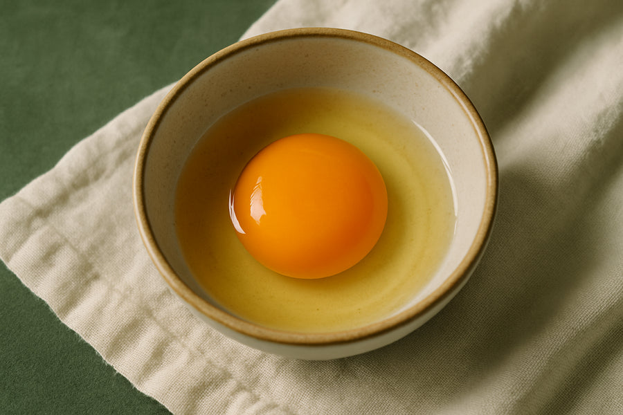 Close-up of a cracked egg showing a deep yellow yolk in a bowl