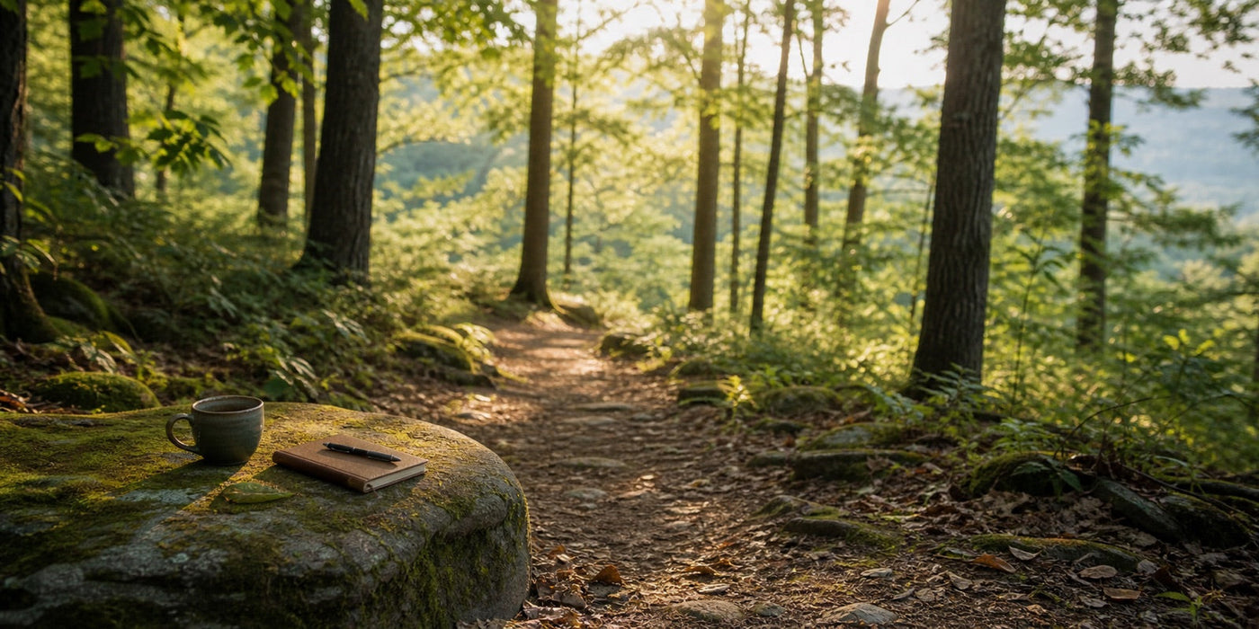 Wooded nature therapy trail with journal and warm morning light
