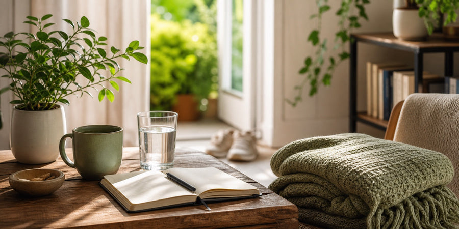 Quiet recovery routine with notebook, water, plants, blanket, and walking shoes