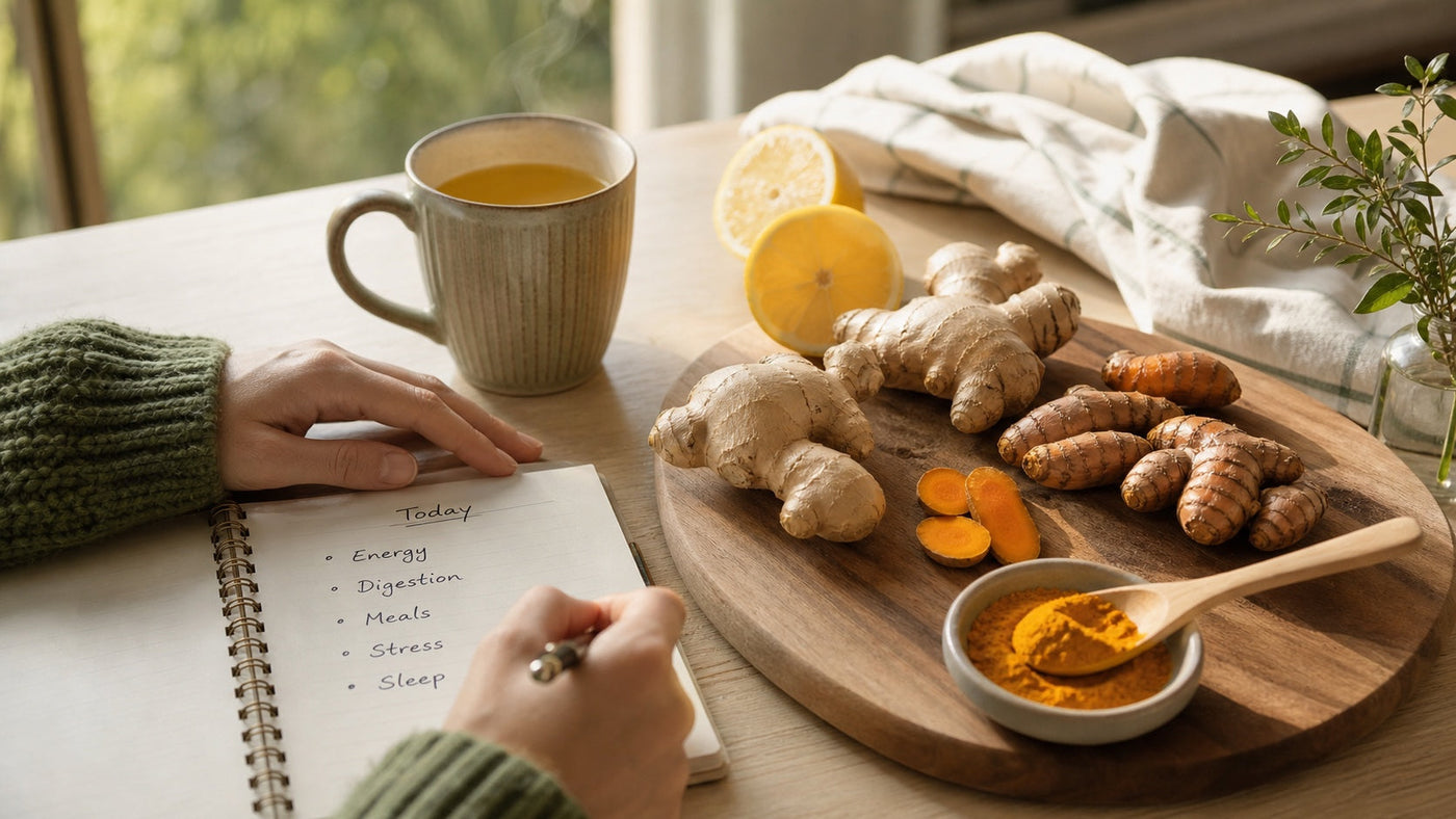 Fresh ginger, turmeric, lemon, golden tea, and a wellness notebook on a kitchen table.